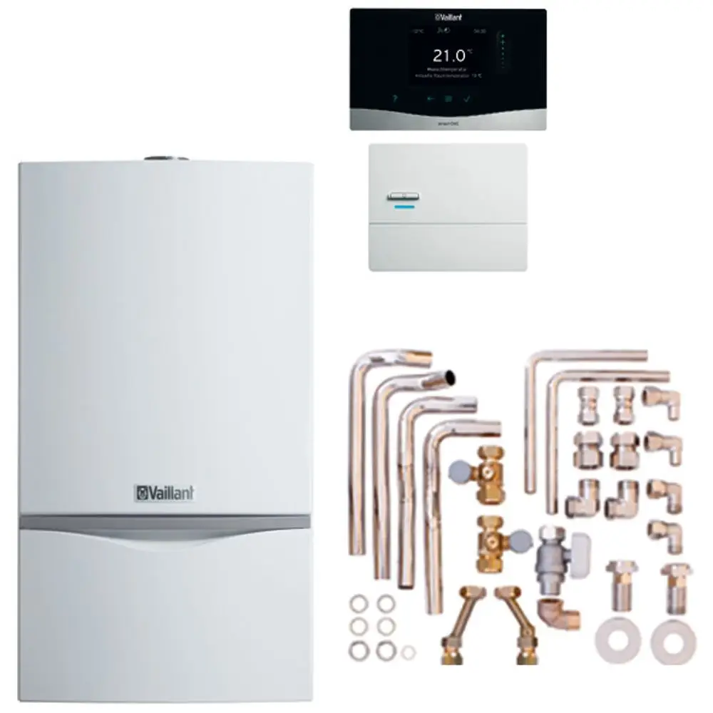 Vaillant-Heizgerät in Weiß, zusammen mit einem digitalen Thermostat und verschiedenen Rohrverbindungen sowie Zubehörteilen für die Installation.